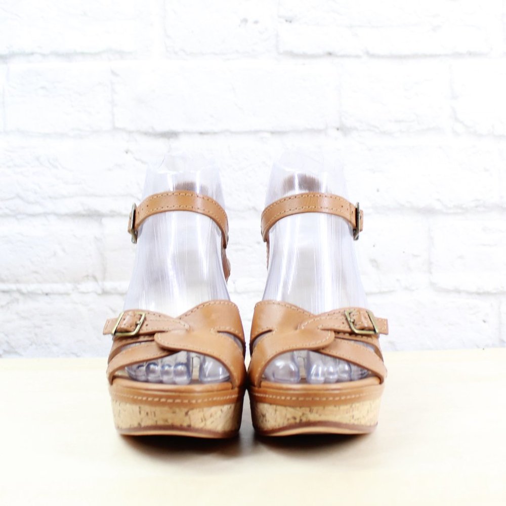 LL BEAN Brown Leather Cork Platform Wedge Ankle Strap Sandals Size 7 M - Picture 4 of 9